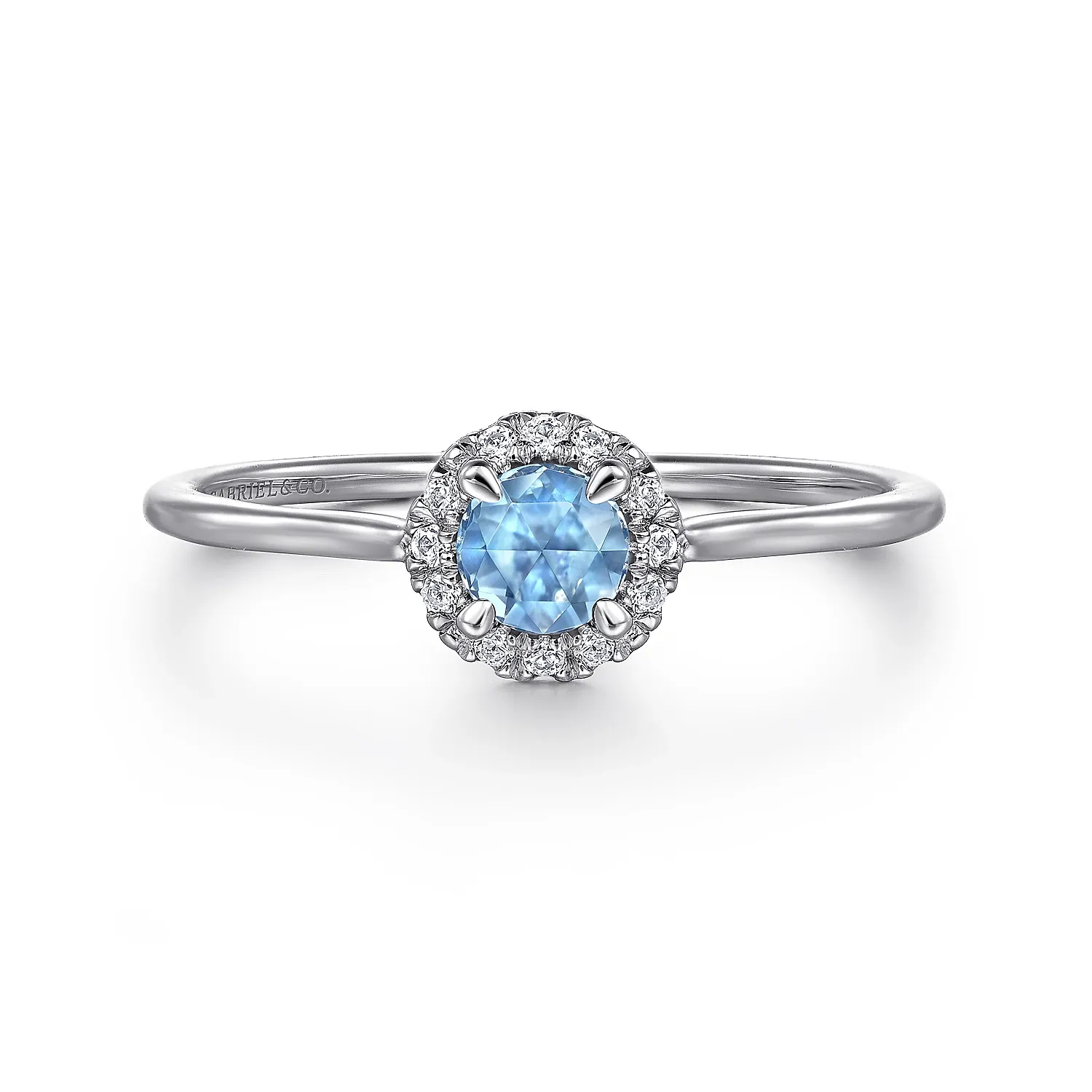 14K White Gold Blue Topaz and Diamond Halo Promise Ring