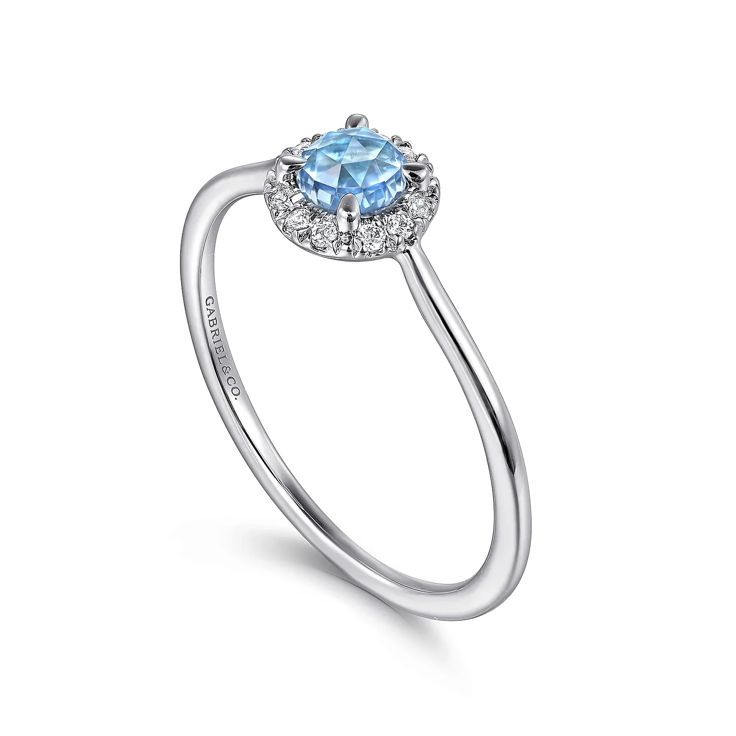 14K White Gold Blue Topaz and Diamond Halo Promise Ring
