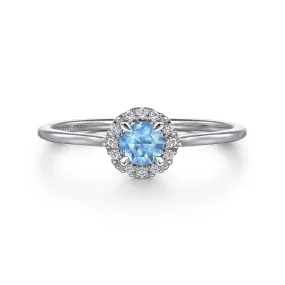 14K White Gold Blue Topaz and Diamond Halo Promise Ring
