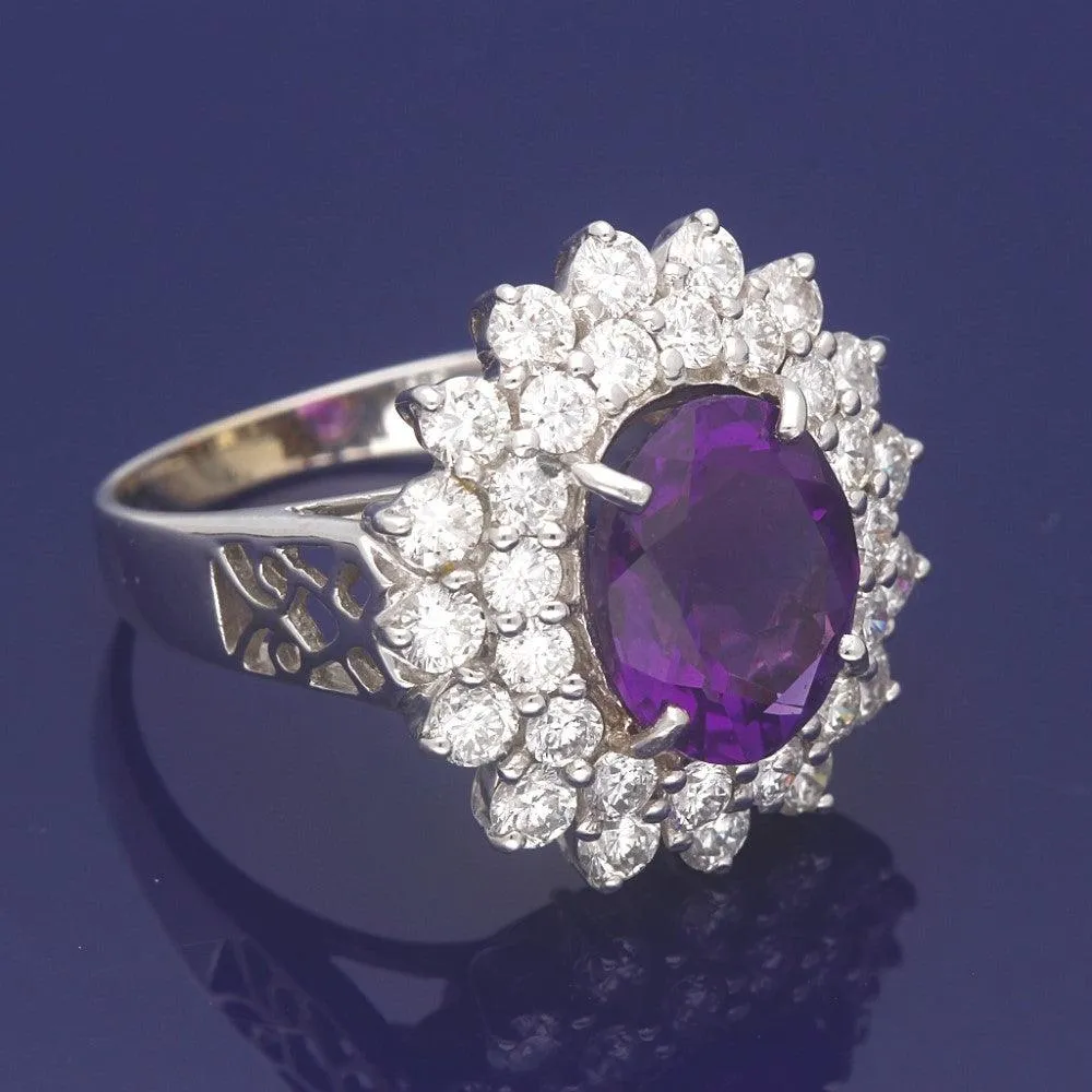 18ct White Gold Amethyst and Diamond Large Cluster Ring