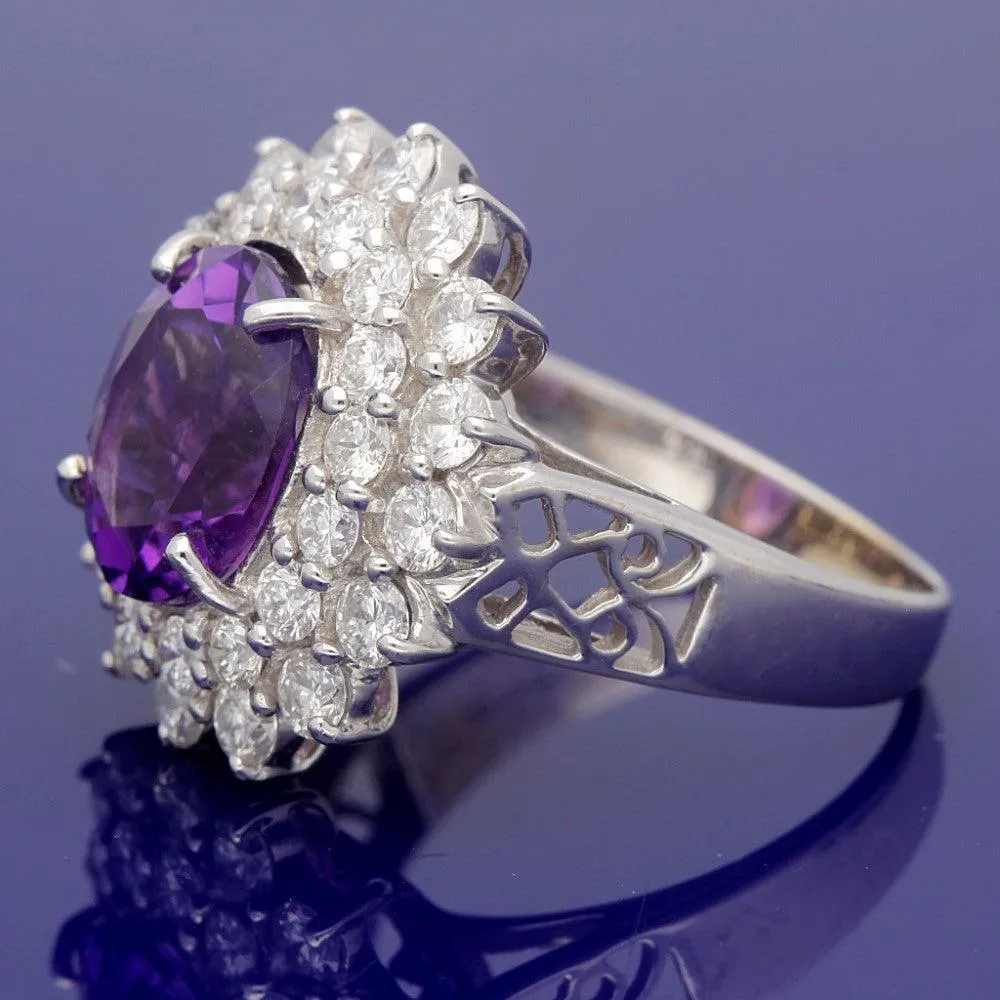 18ct White Gold Amethyst and Diamond Large Cluster Ring