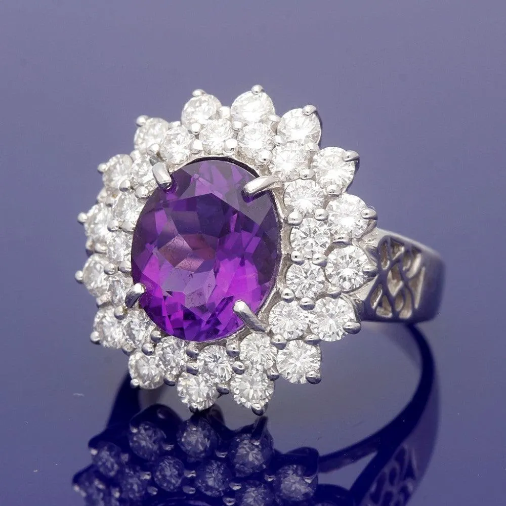 18ct White Gold Amethyst and Diamond Large Cluster Ring