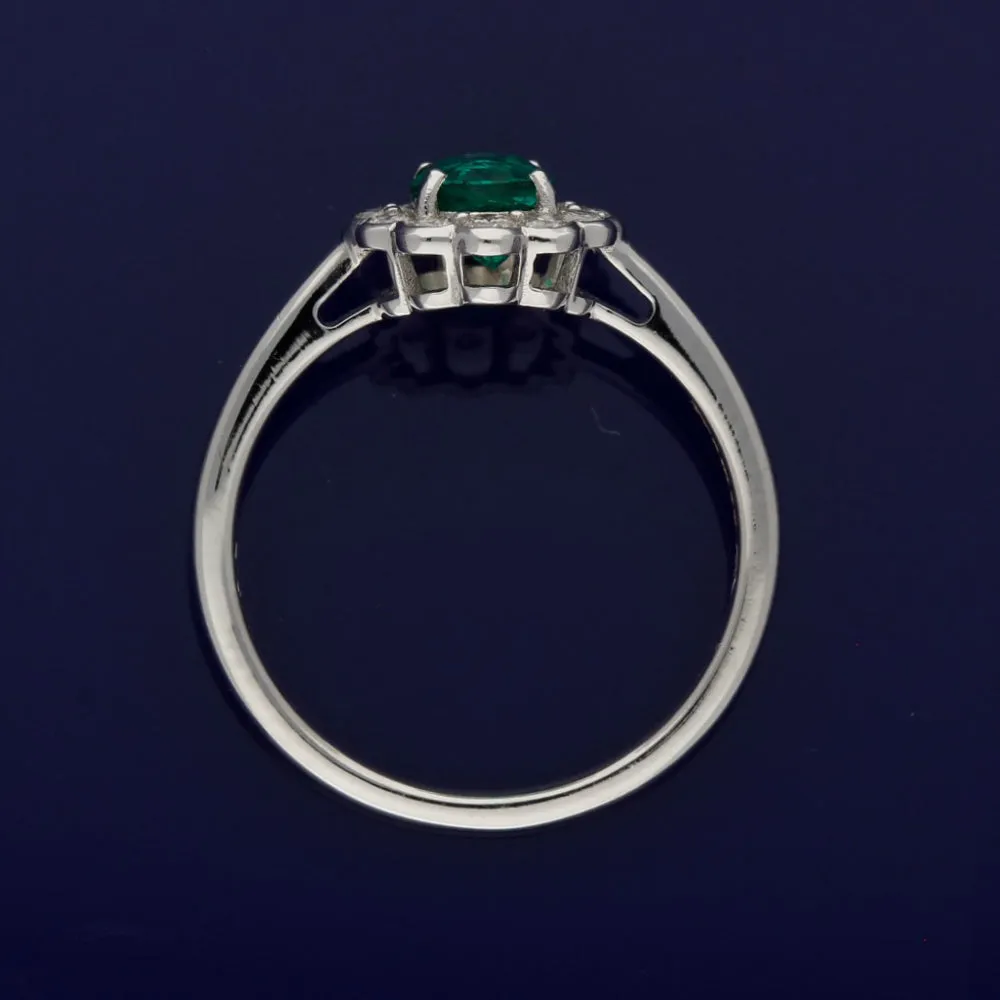 18ct White Gold Emerald & Diamond Oval Cluster Ring