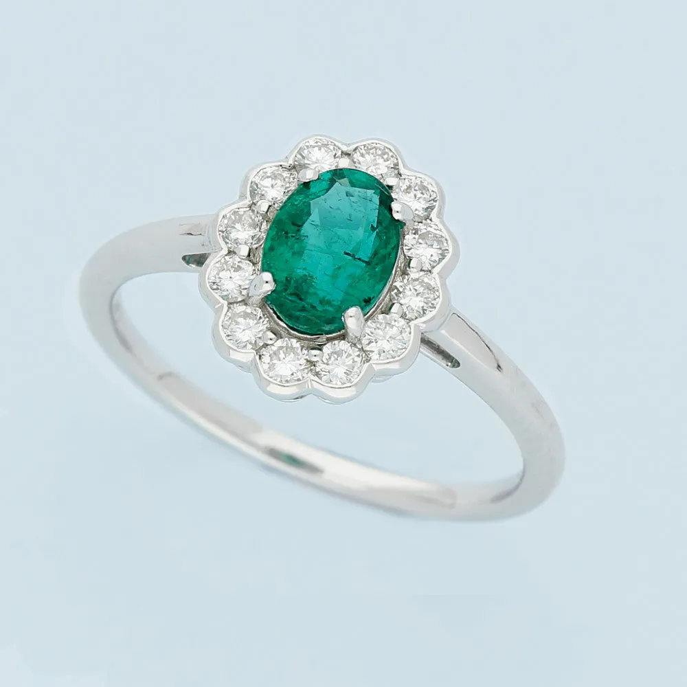 18ct White Gold Emerald & Diamond Oval Cluster Ring