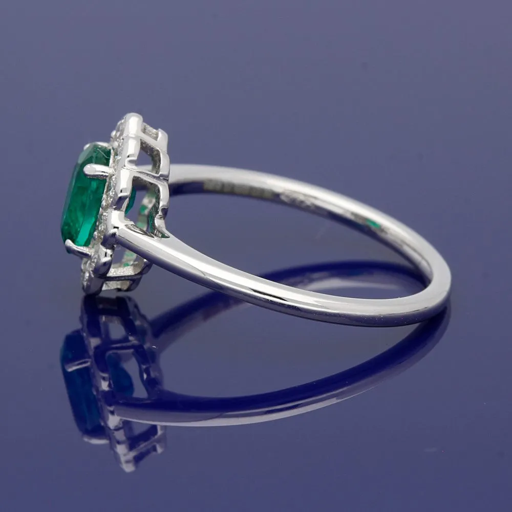 18ct White Gold Emerald & Diamond Oval Cluster Ring