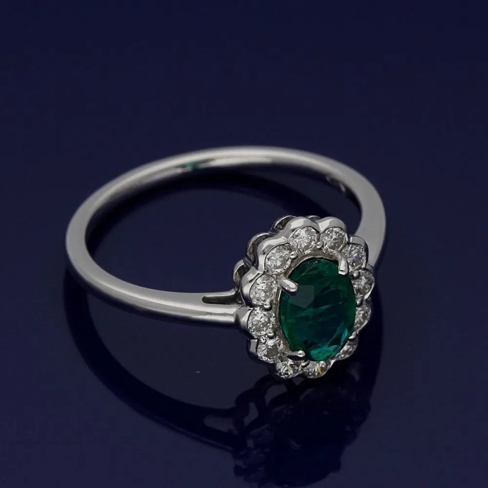 18ct White Gold Emerald & Diamond Oval Cluster Ring