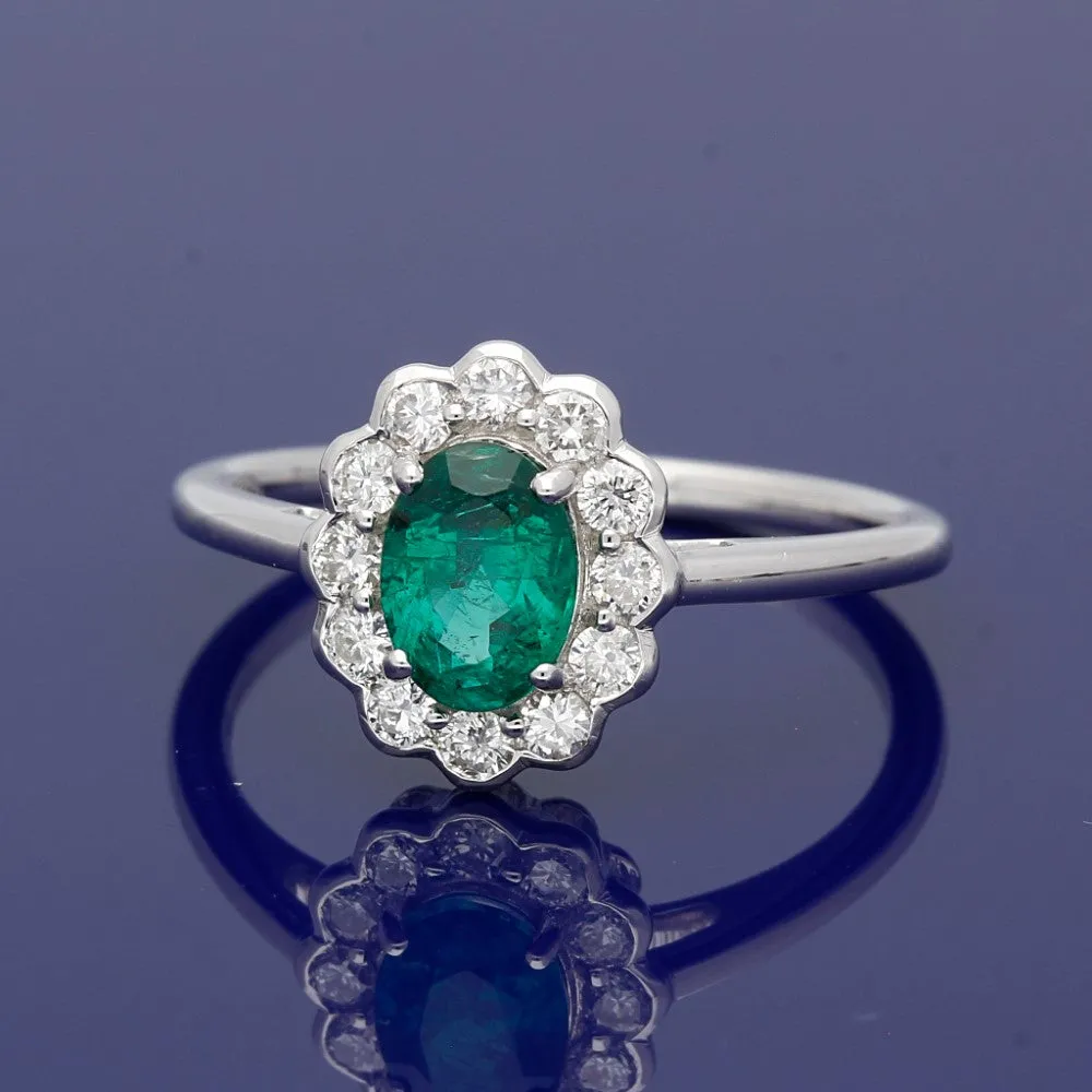 18ct White Gold Emerald & Diamond Oval Cluster Ring