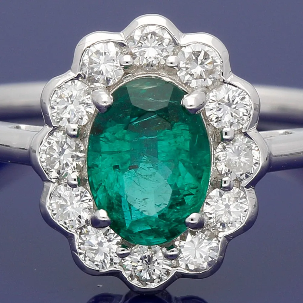 18ct White Gold Emerald & Diamond Oval Cluster Ring