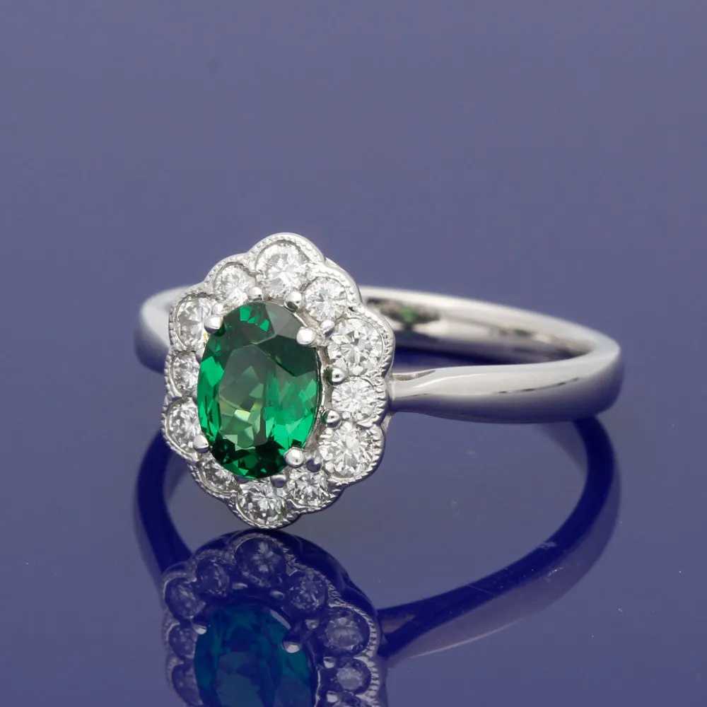18ct White Gold Green Tsavorite Garnet & Diamond Cluster Ring