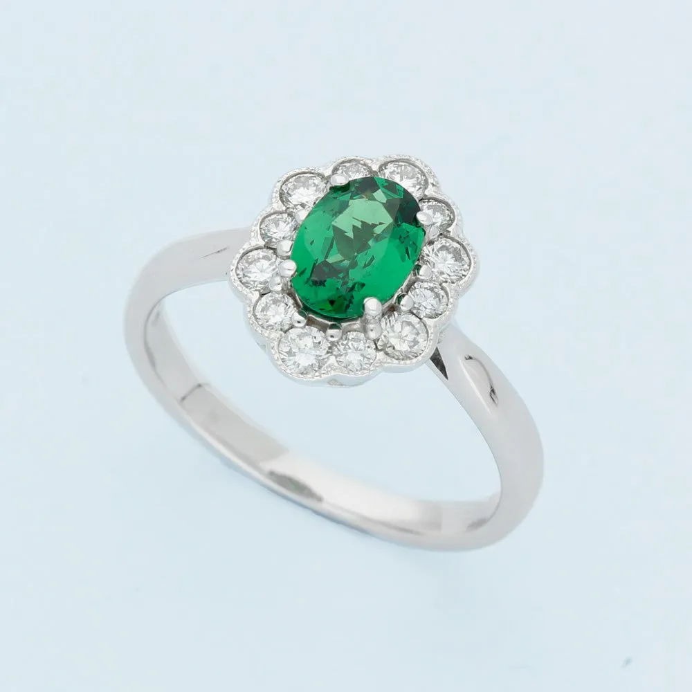 18ct White Gold Green Tsavorite Garnet & Diamond Cluster Ring