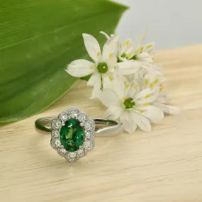 18ct White Gold Green Tsavorite Garnet & Diamond Cluster Ring