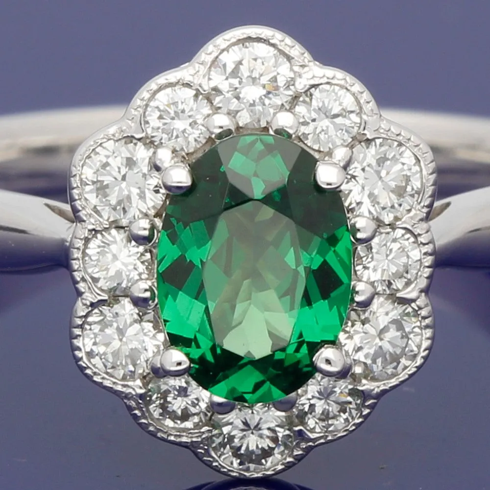 18ct White Gold Green Tsavorite Garnet & Diamond Cluster Ring