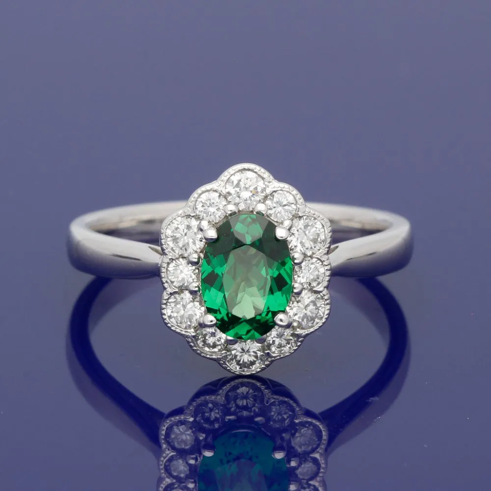 18ct White Gold Green Tsavorite Garnet & Diamond Cluster Ring