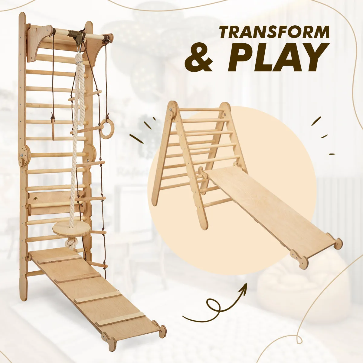 3in1 Wooden Swedish Wall / Climbing Ladder for Children   Swing Set   Slide Board