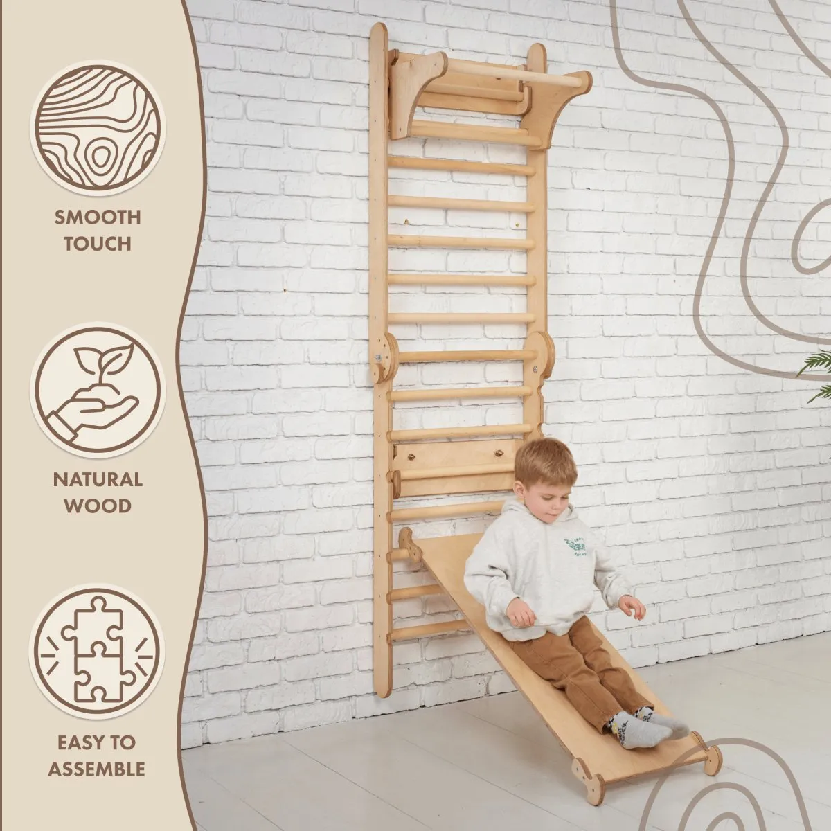 3in1 Wooden Swedish Wall / Climbing Ladder for Children   Swing Set   Slide Board