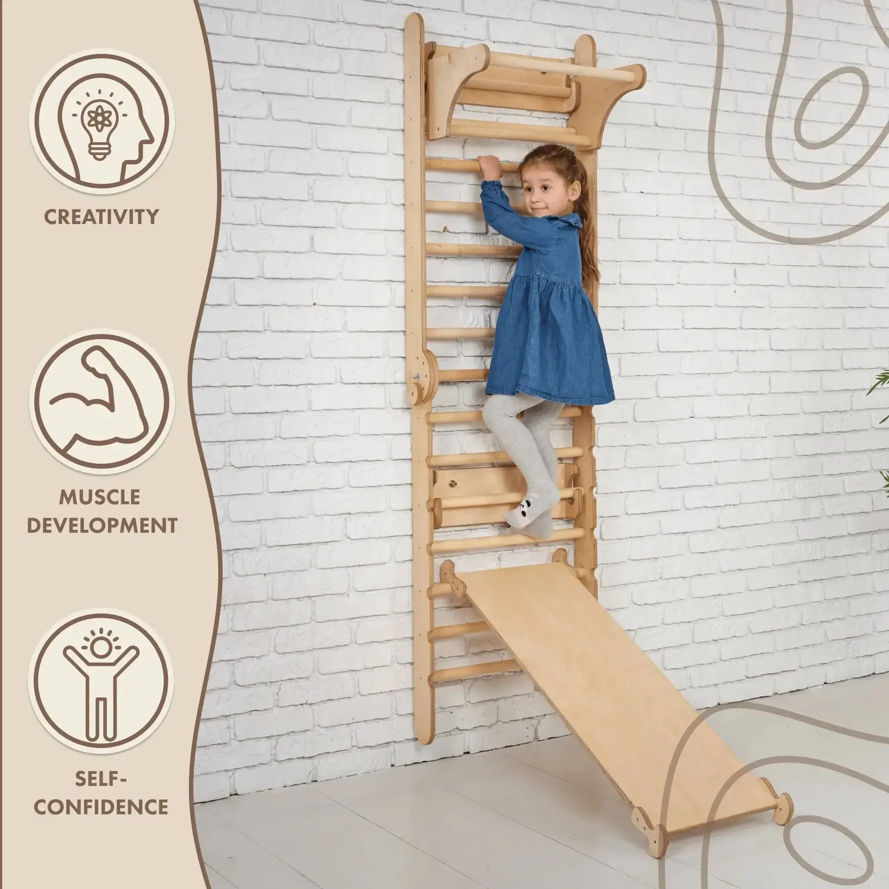 3in1 Wooden Swedish Wall / Climbing Ladder for Children   Swing Set   Slide Board