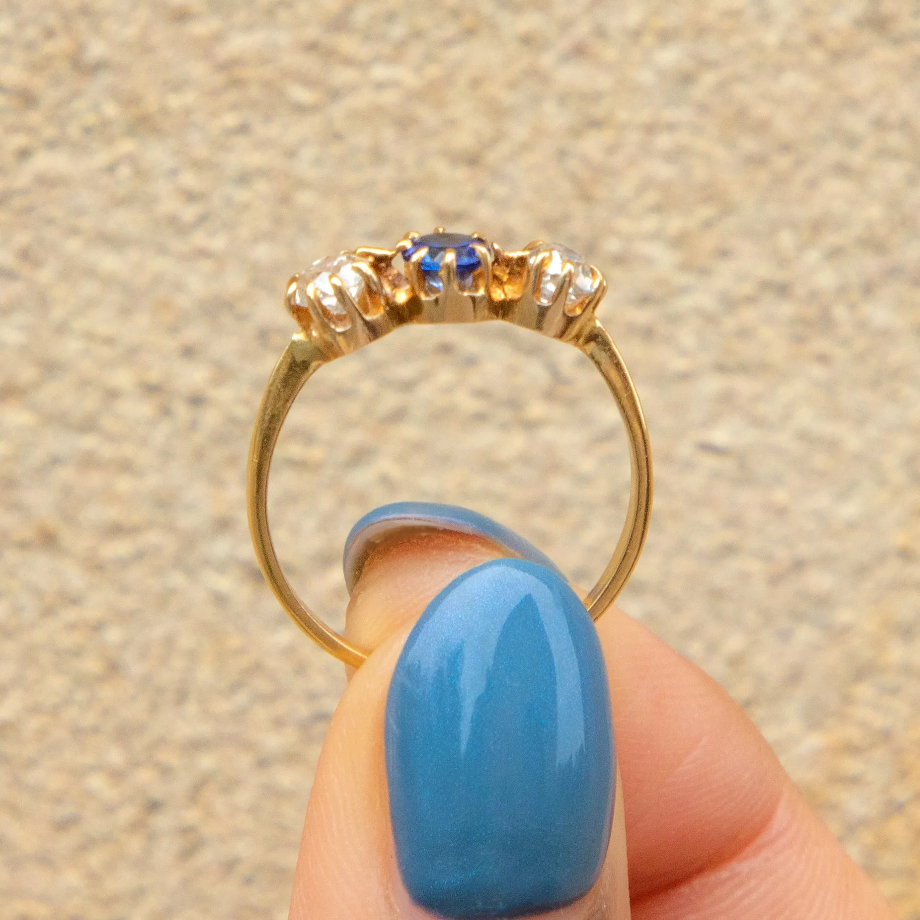 Antique 18ct Gold Sapphire & Old-Mine Cut Diamond Trilogy Ring, 0.50ct.