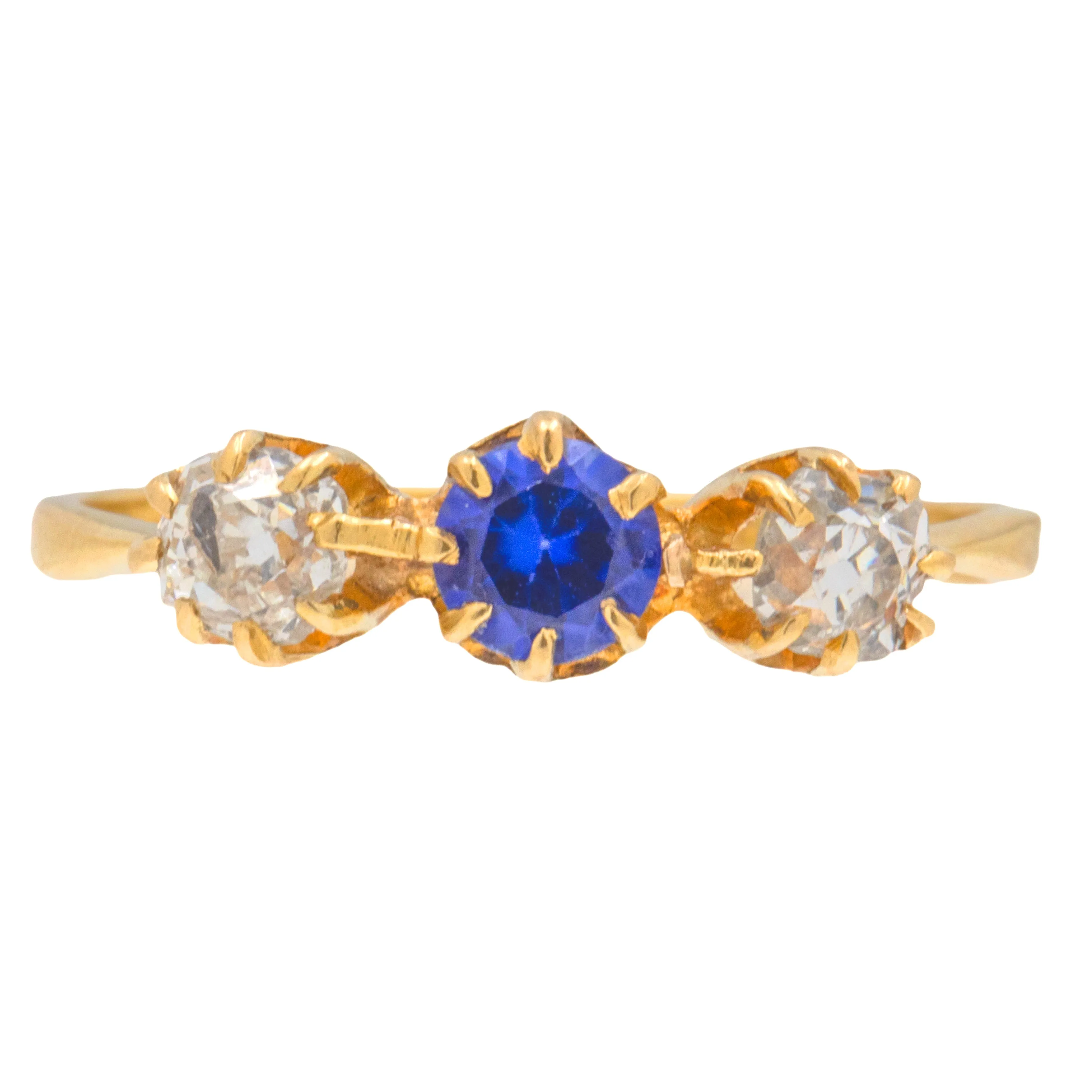 Antique 18ct Gold Sapphire & Old-Mine Cut Diamond Trilogy Ring, 0.50ct.