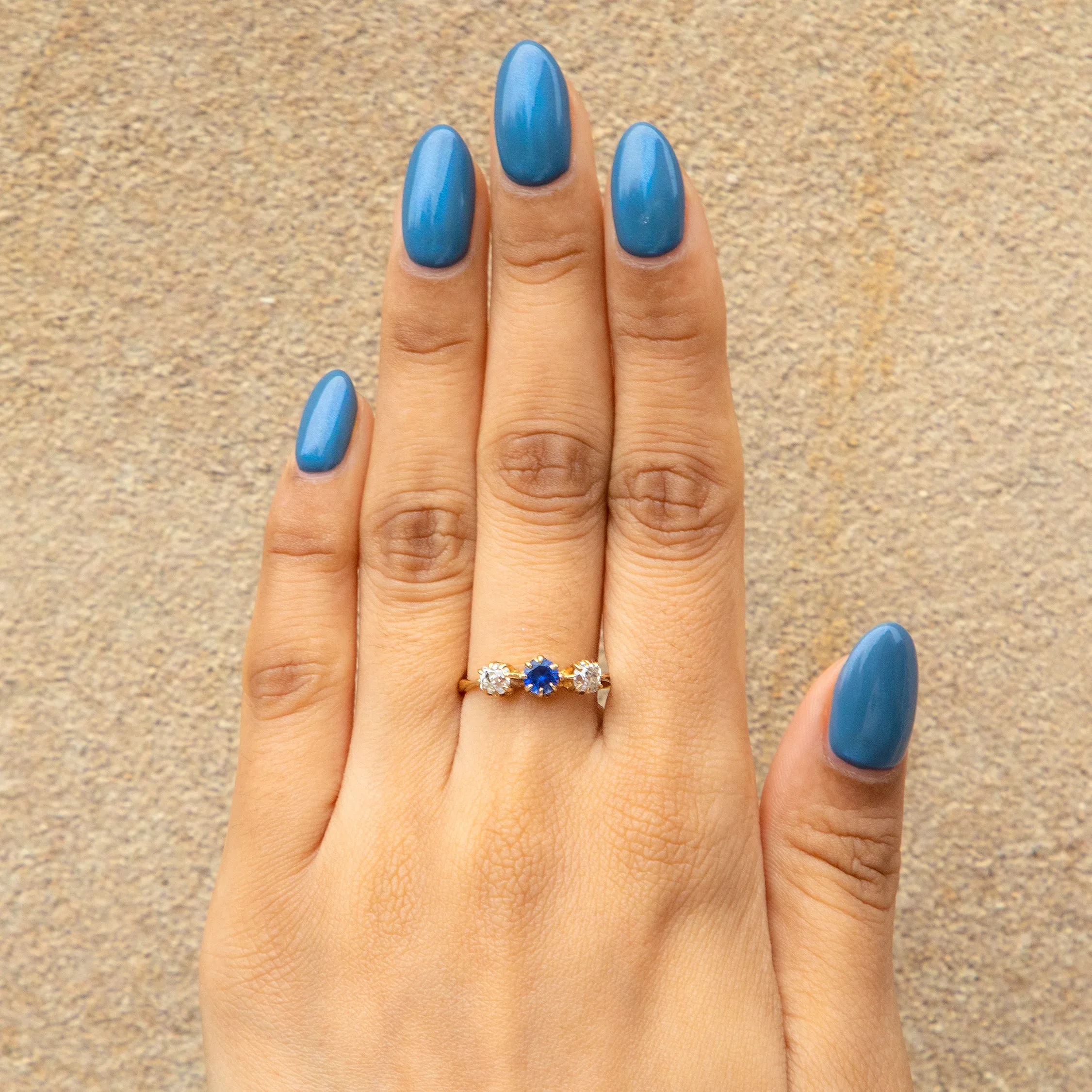Antique 18ct Gold Sapphire & Old-Mine Cut Diamond Trilogy Ring, 0.50ct.