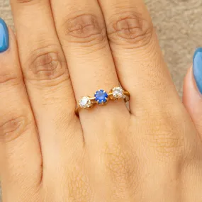 Antique 18ct Gold Sapphire & Old-Mine Cut Diamond Trilogy Ring, 0.50ct.