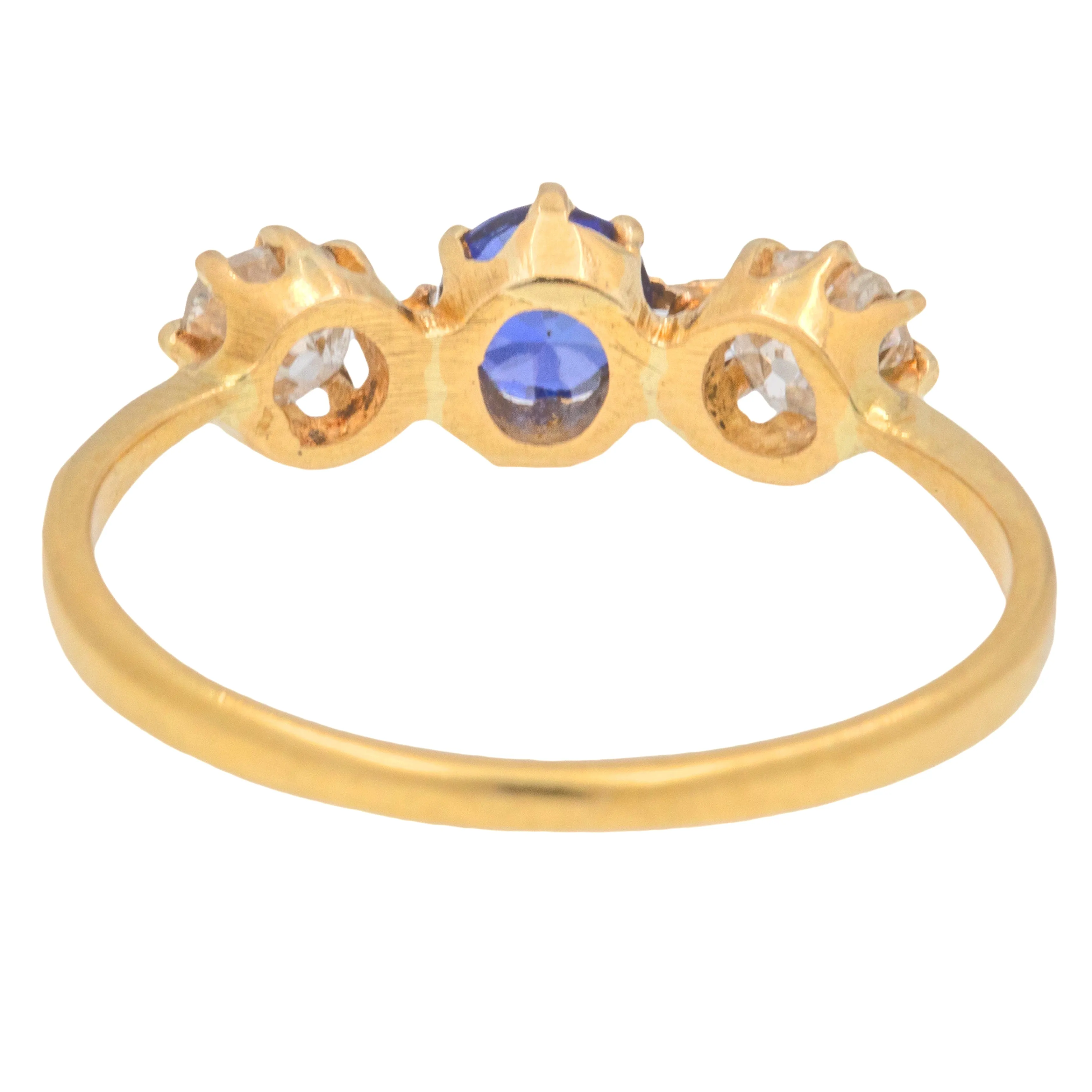 Antique 18ct Gold Sapphire & Old-Mine Cut Diamond Trilogy Ring, 0.50ct.
