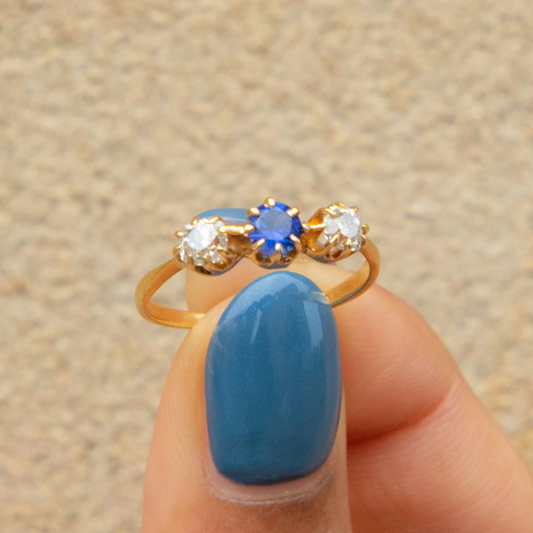 Antique 18ct Gold Sapphire & Old-Mine Cut Diamond Trilogy Ring, 0.50ct.