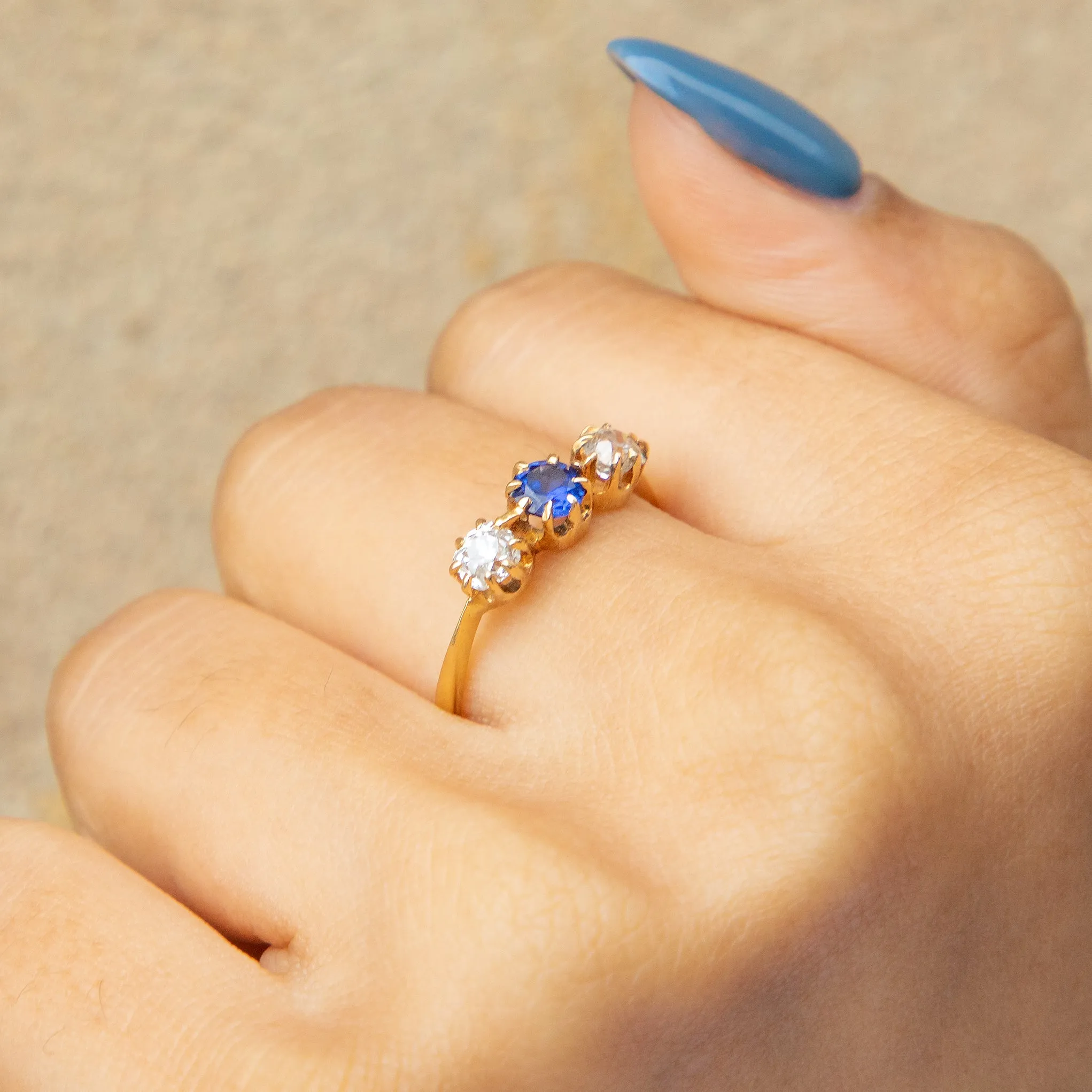 Antique 18ct Gold Sapphire & Old-Mine Cut Diamond Trilogy Ring, 0.50ct.