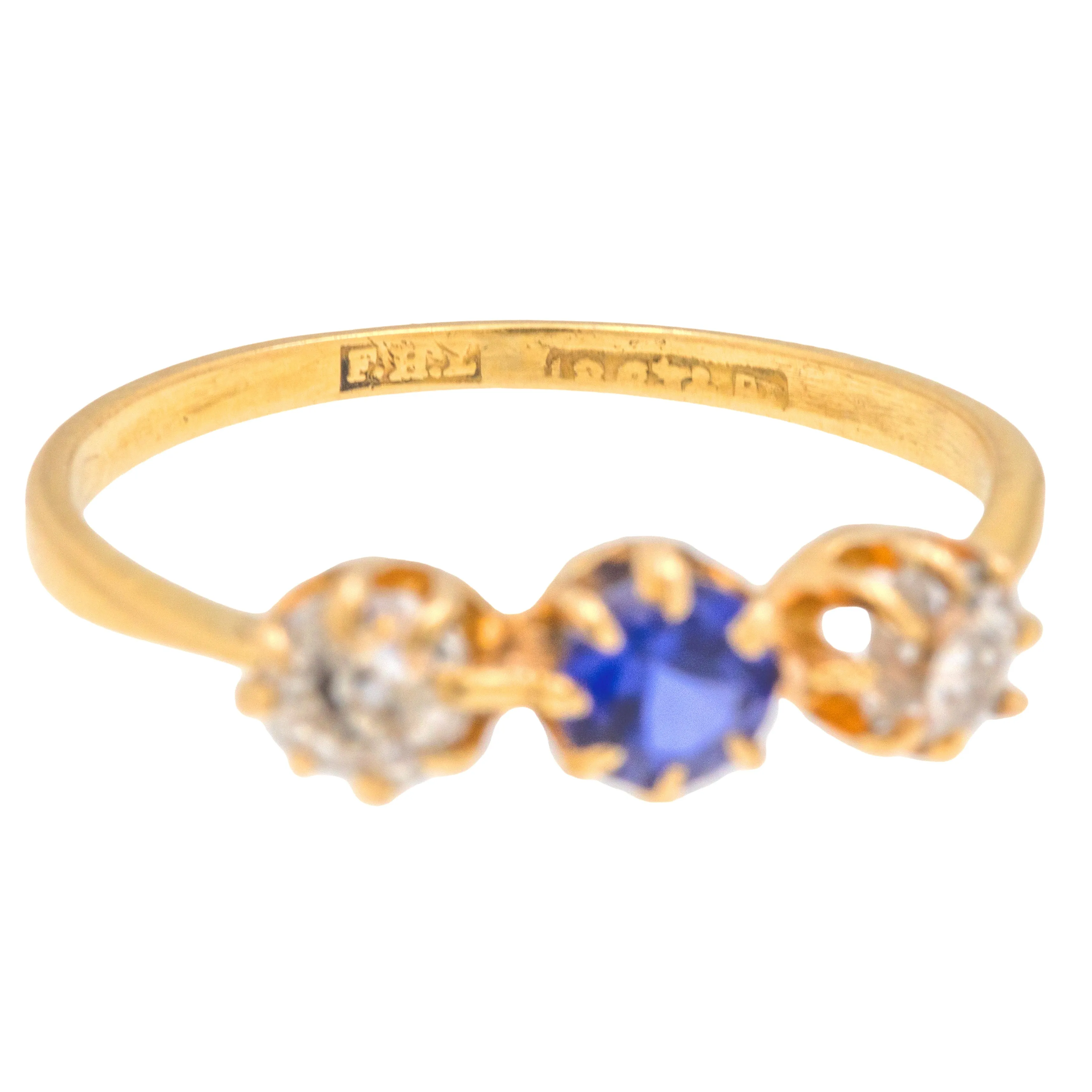 Antique 18ct Gold Sapphire & Old-Mine Cut Diamond Trilogy Ring, 0.50ct.