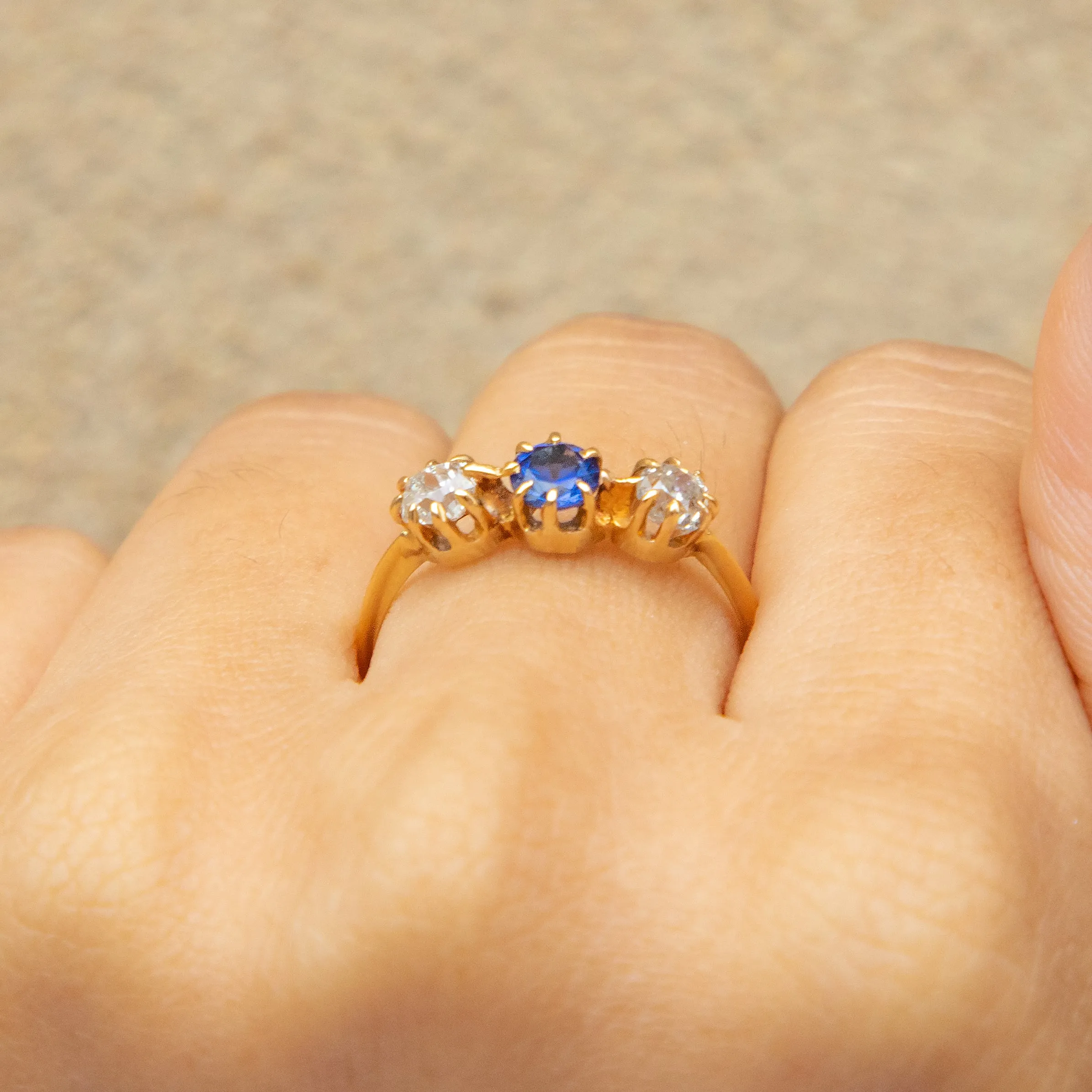 Antique 18ct Gold Sapphire & Old-Mine Cut Diamond Trilogy Ring, 0.50ct.