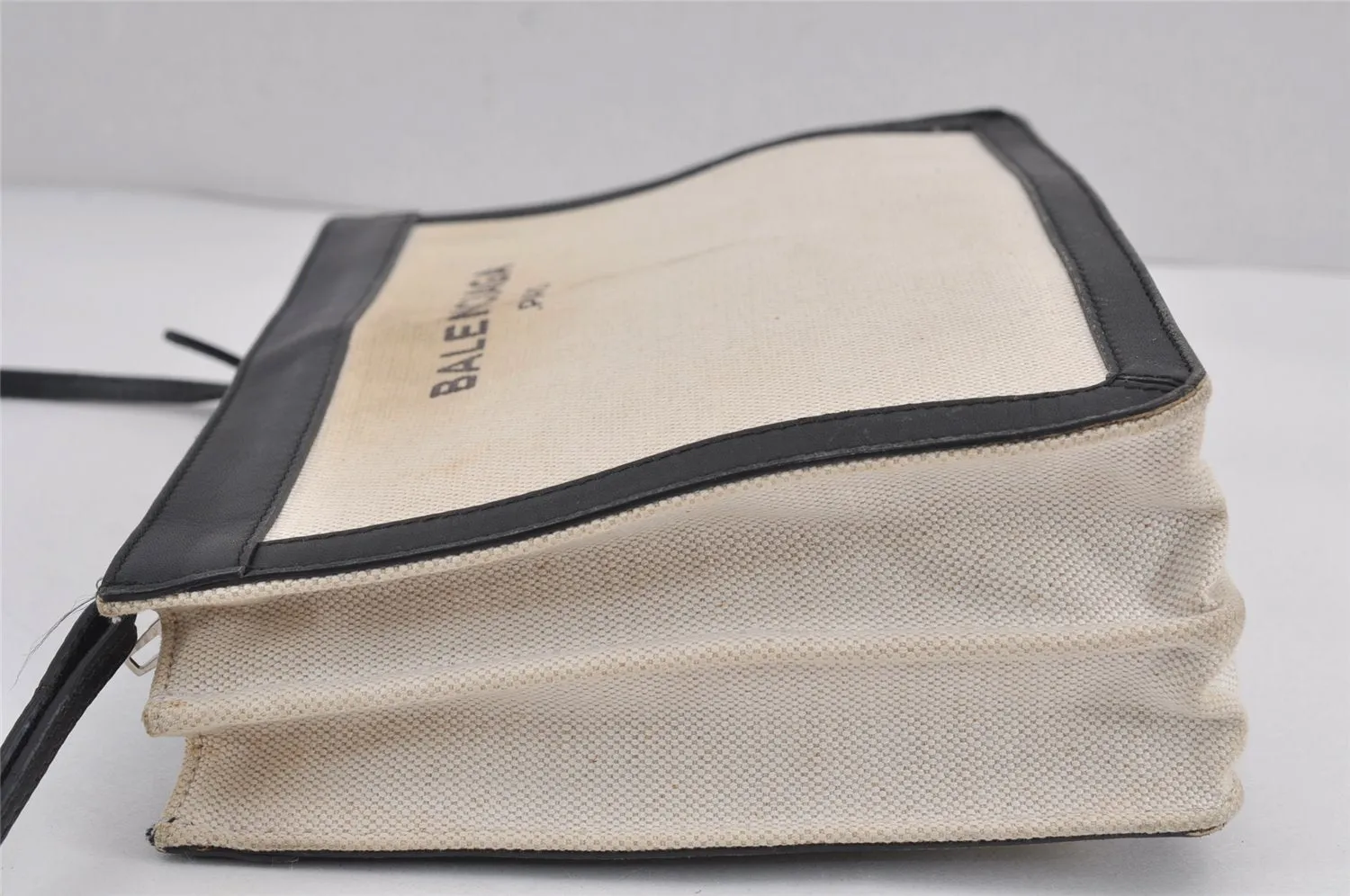 Auth BALENCIAGA Navy Pochette Shoulder Bag Canvas Leather 339937 White 8754J