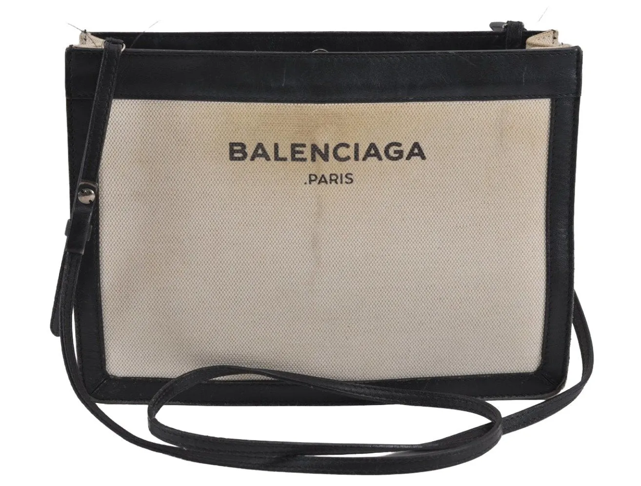 Auth BALENCIAGA Navy Pochette Shoulder Bag Canvas Leather 339937 White 8754J