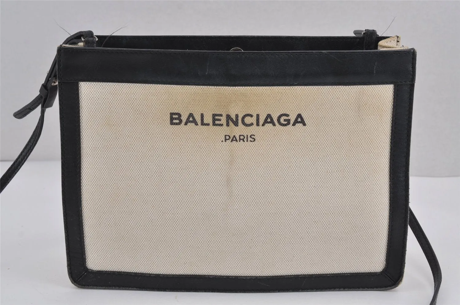 Auth BALENCIAGA Navy Pochette Shoulder Bag Canvas Leather 339937 White 8754J