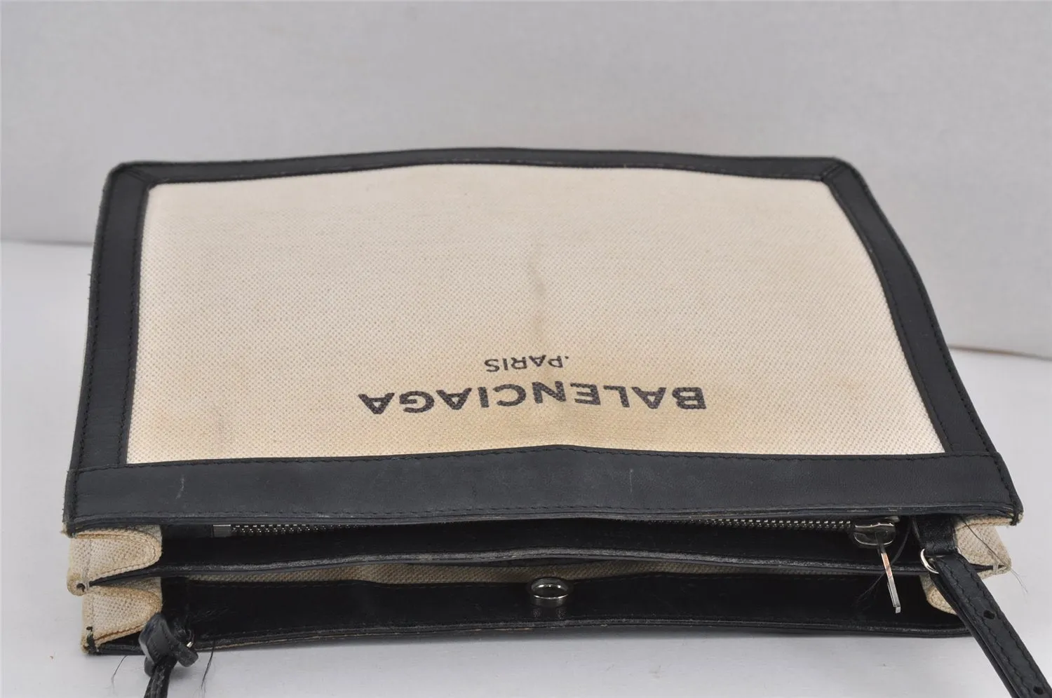 Auth BALENCIAGA Navy Pochette Shoulder Bag Canvas Leather 339937 White 8754J