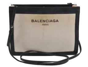 Auth BALENCIAGA Navy Pochette Shoulder Bag Canvas Leather 339937 White 8754J