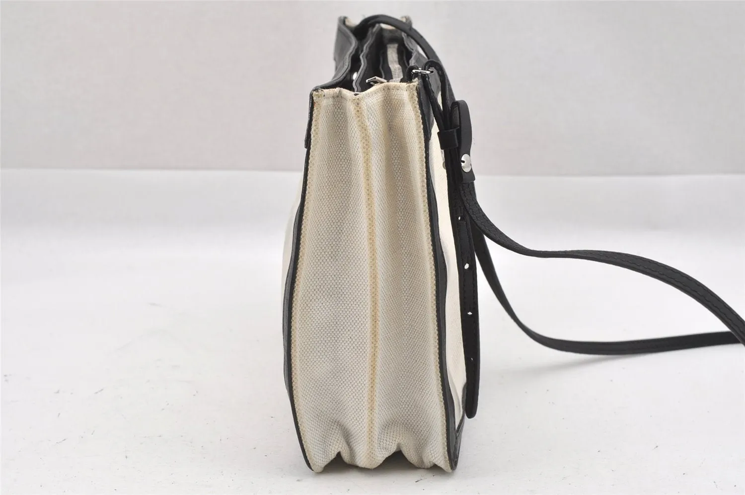 Auth BALENCIAGA Navy Pochette Shoulder Bag Canvas Leather 339937 White 9460I