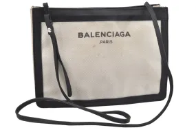 Auth BALENCIAGA Navy Pochette Shoulder Bag Canvas Leather 339937 White 9460I