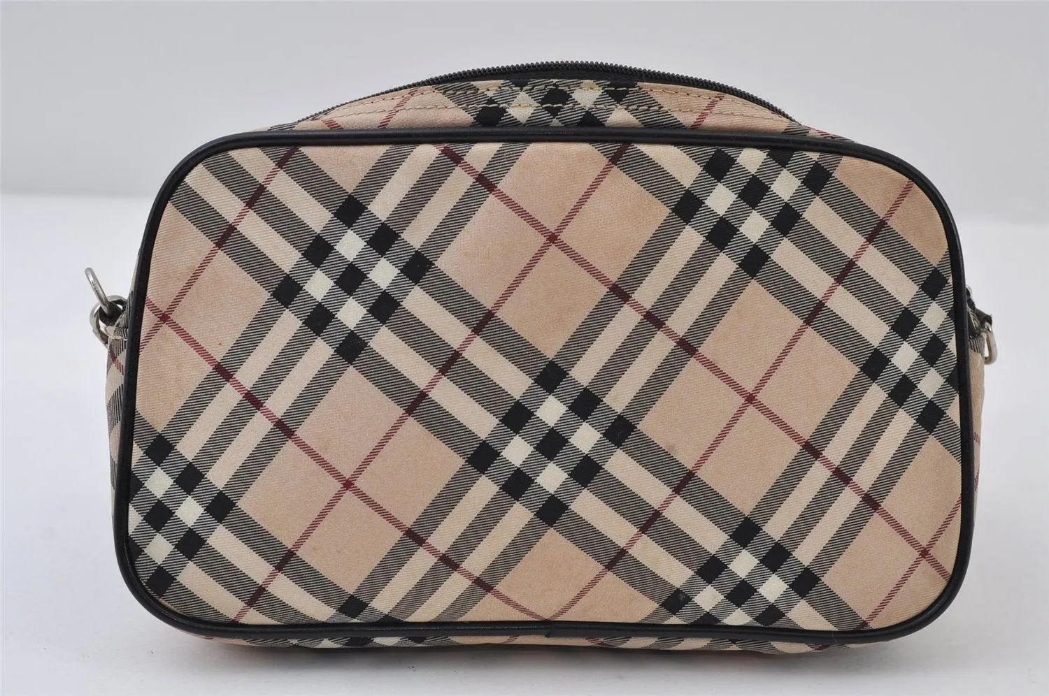 Auth BURBERRY BLUE LABEL Check Hand Bag Pouch Nylon Leather Beige Junk 0361J