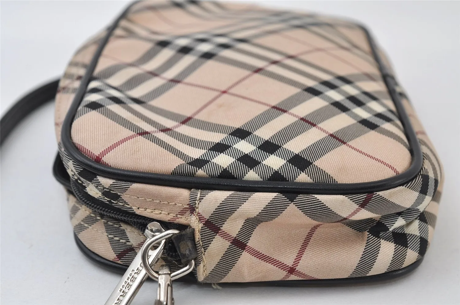 Auth BURBERRY BLUE LABEL Check Hand Bag Pouch Nylon Leather Beige Junk 0361J