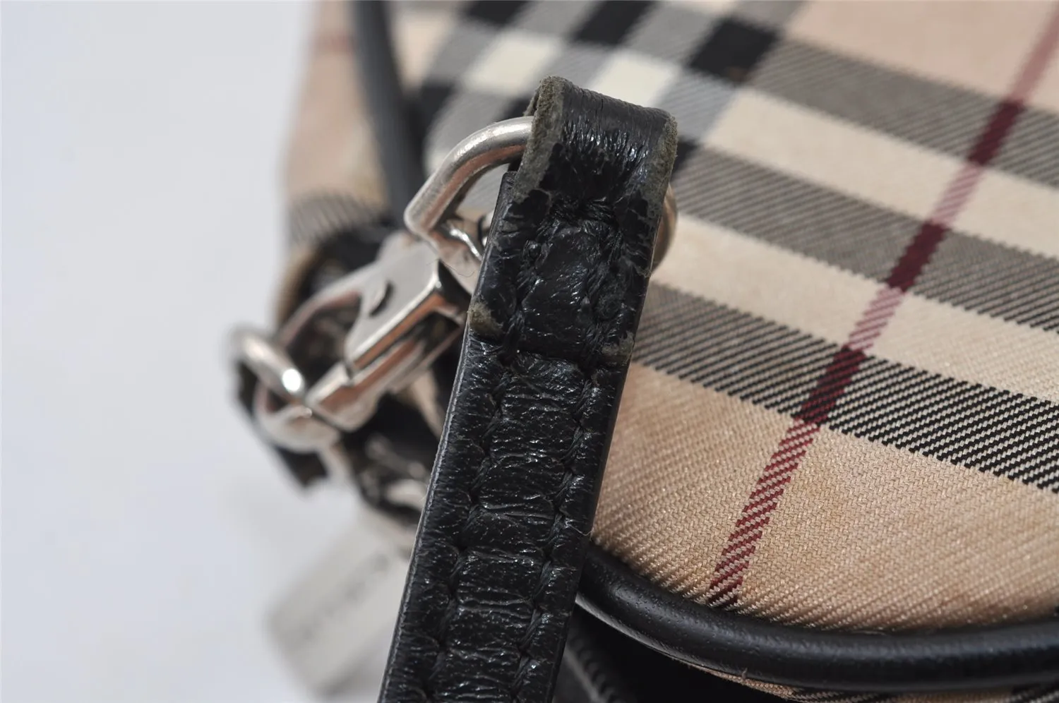 Auth BURBERRY BLUE LABEL Check Hand Bag Pouch Nylon Leather Beige Junk 0361J