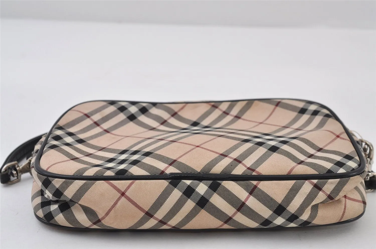 Auth BURBERRY BLUE LABEL Check Hand Bag Pouch Nylon Leather Beige Junk 0361J