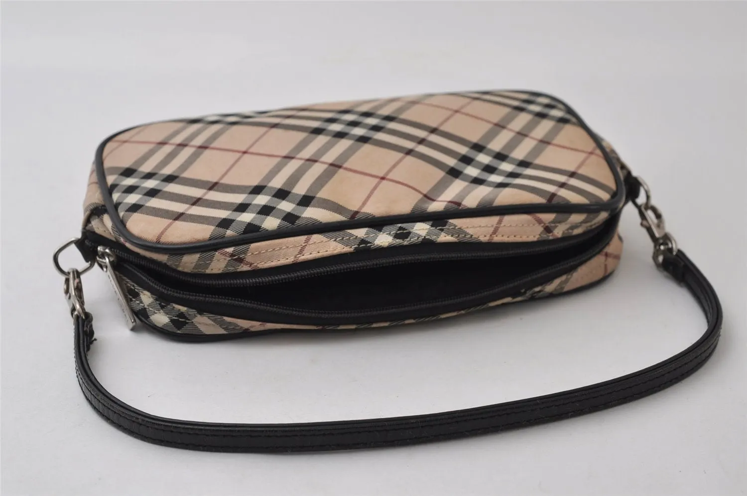 Auth BURBERRY BLUE LABEL Check Hand Bag Pouch Nylon Leather Beige Junk 0361J