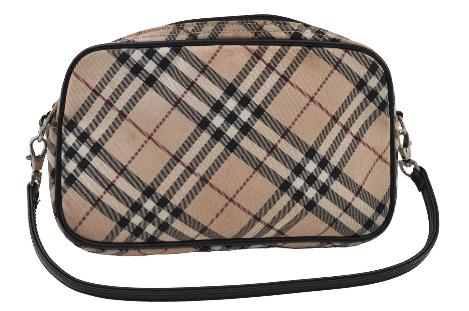 Auth BURBERRY BLUE LABEL Check Hand Bag Pouch Nylon Leather Beige Junk 0361J
