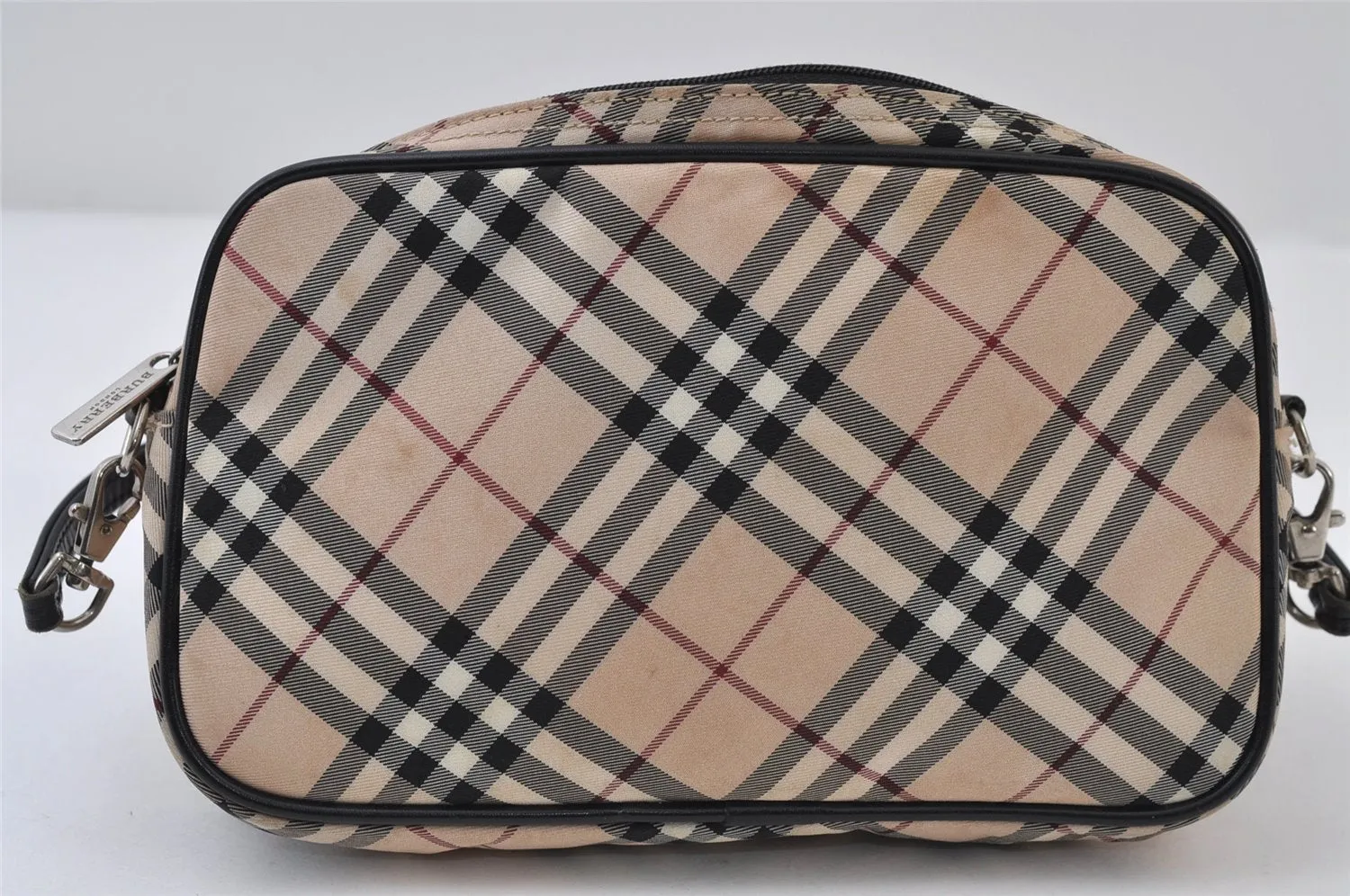 Auth BURBERRY BLUE LABEL Check Hand Bag Pouch Nylon Leather Beige Junk 0361J