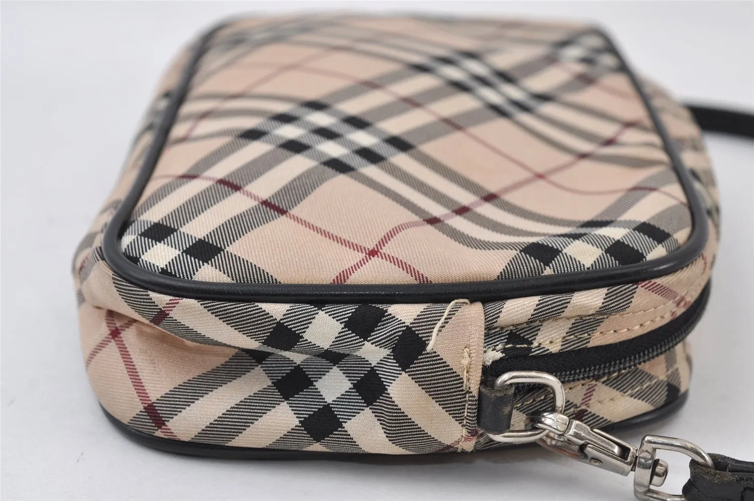 Auth BURBERRY BLUE LABEL Check Hand Bag Pouch Nylon Leather Beige Junk 0361J