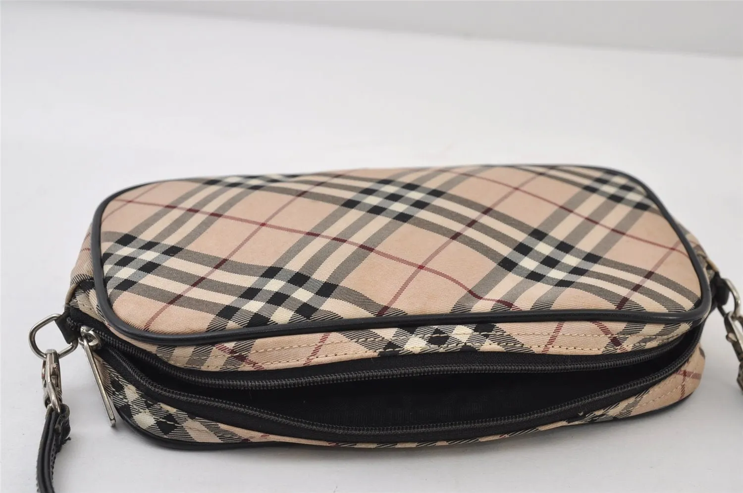 Auth BURBERRY BLUE LABEL Check Hand Bag Pouch Nylon Leather Beige Junk 0361J