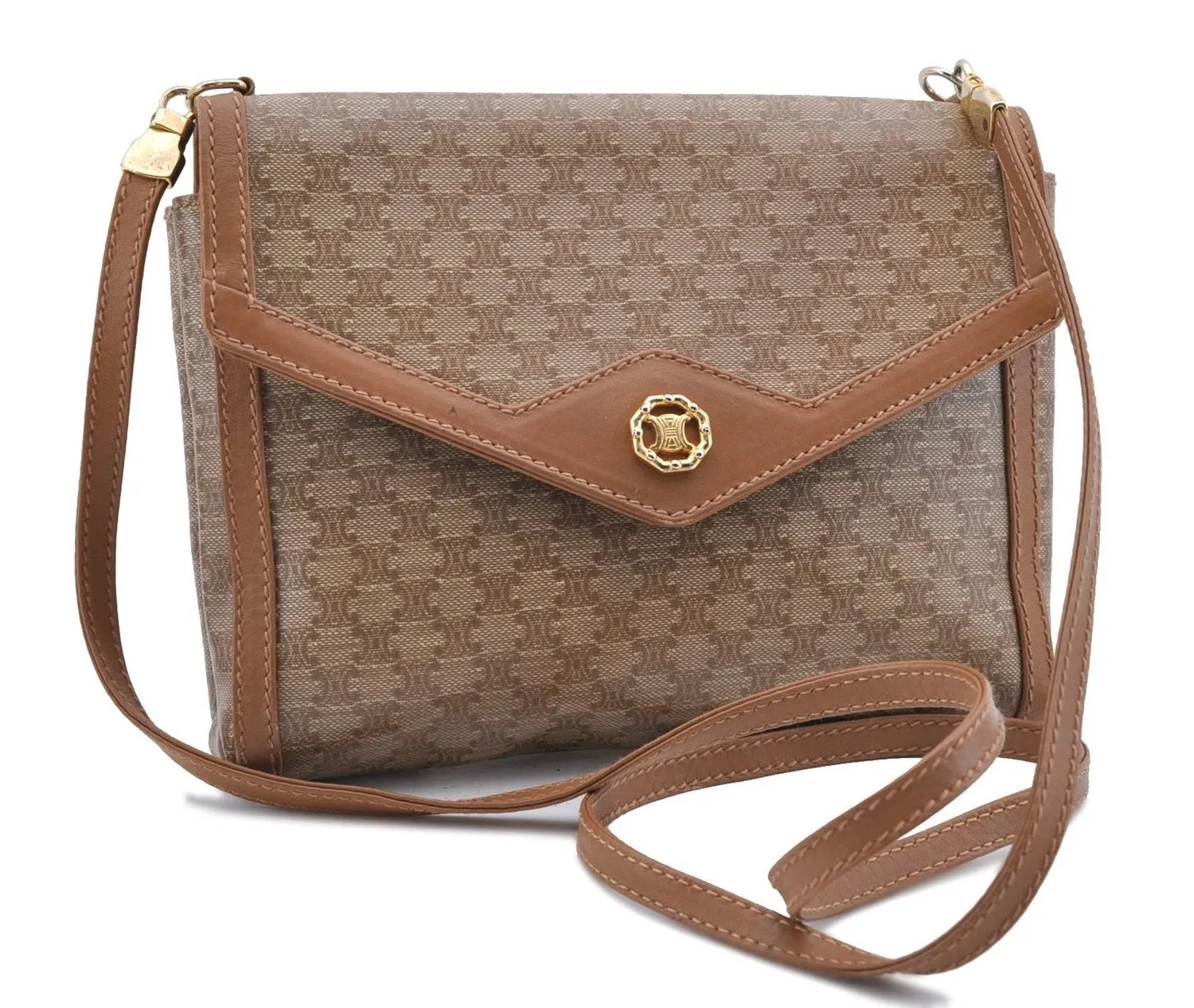 Auth CELINE Macadam Blason Pattern Shoulder Cross Bag PVC Leather Beige 9773C