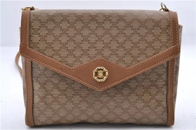 Auth CELINE Macadam Blason Pattern Shoulder Cross Bag PVC Leather Beige 9773C