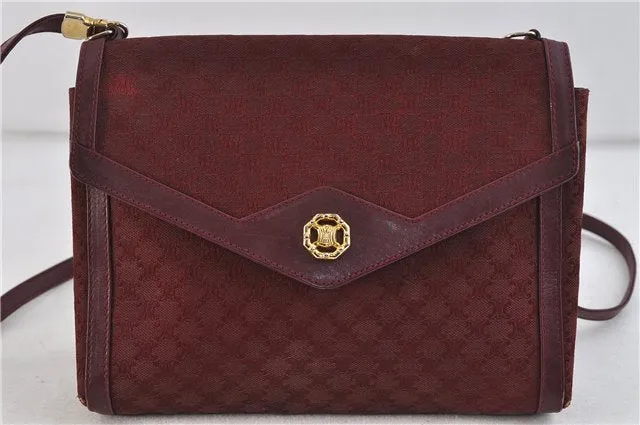 Auth CELINE Macadam Blason Shoulder Cross Body Bag Canvas Leather Bordeaux 6978C