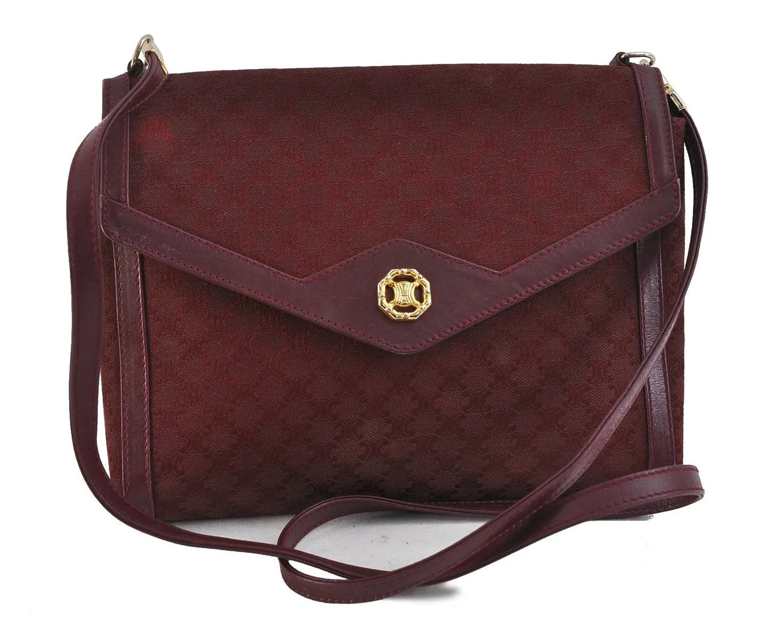 Auth CELINE Macadam Blason Shoulder Cross Body Bag Canvas Leather Bordeaux 6978C