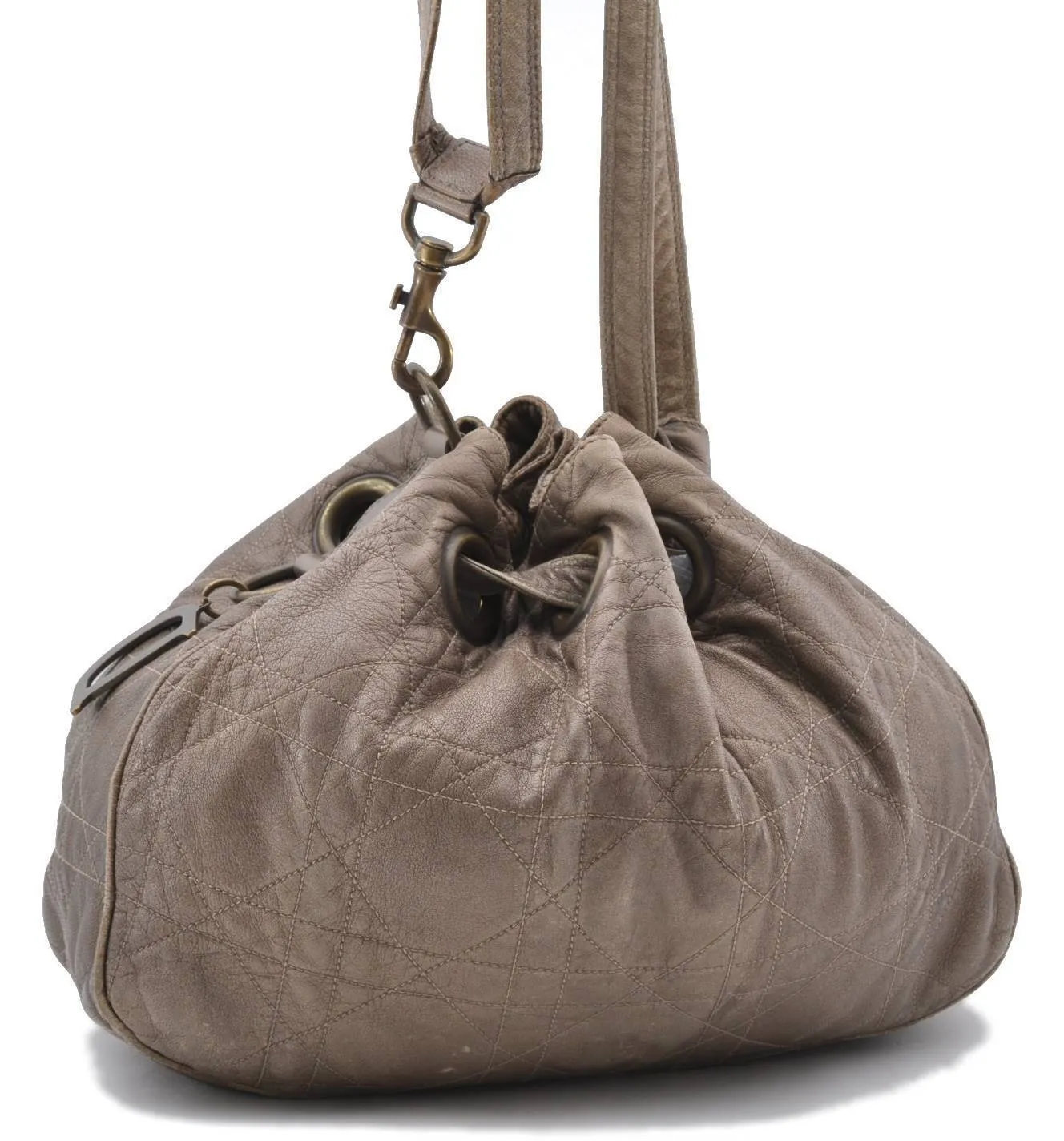 Auth Christian Dior Cannage Leather Shoulder Hand Bag Purse Brown Gold CD 6400B